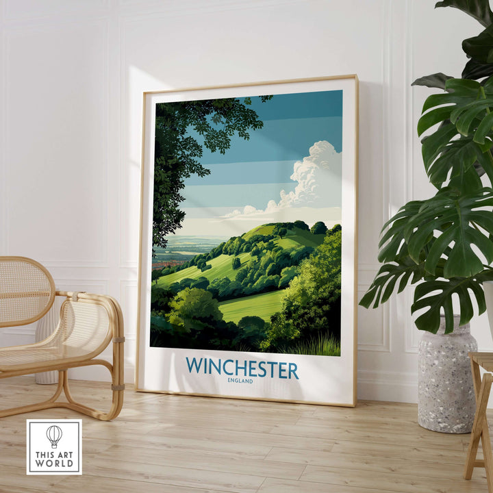 Winchester Travel Print featuring picturesque hills and clouds, perfect for British decor.