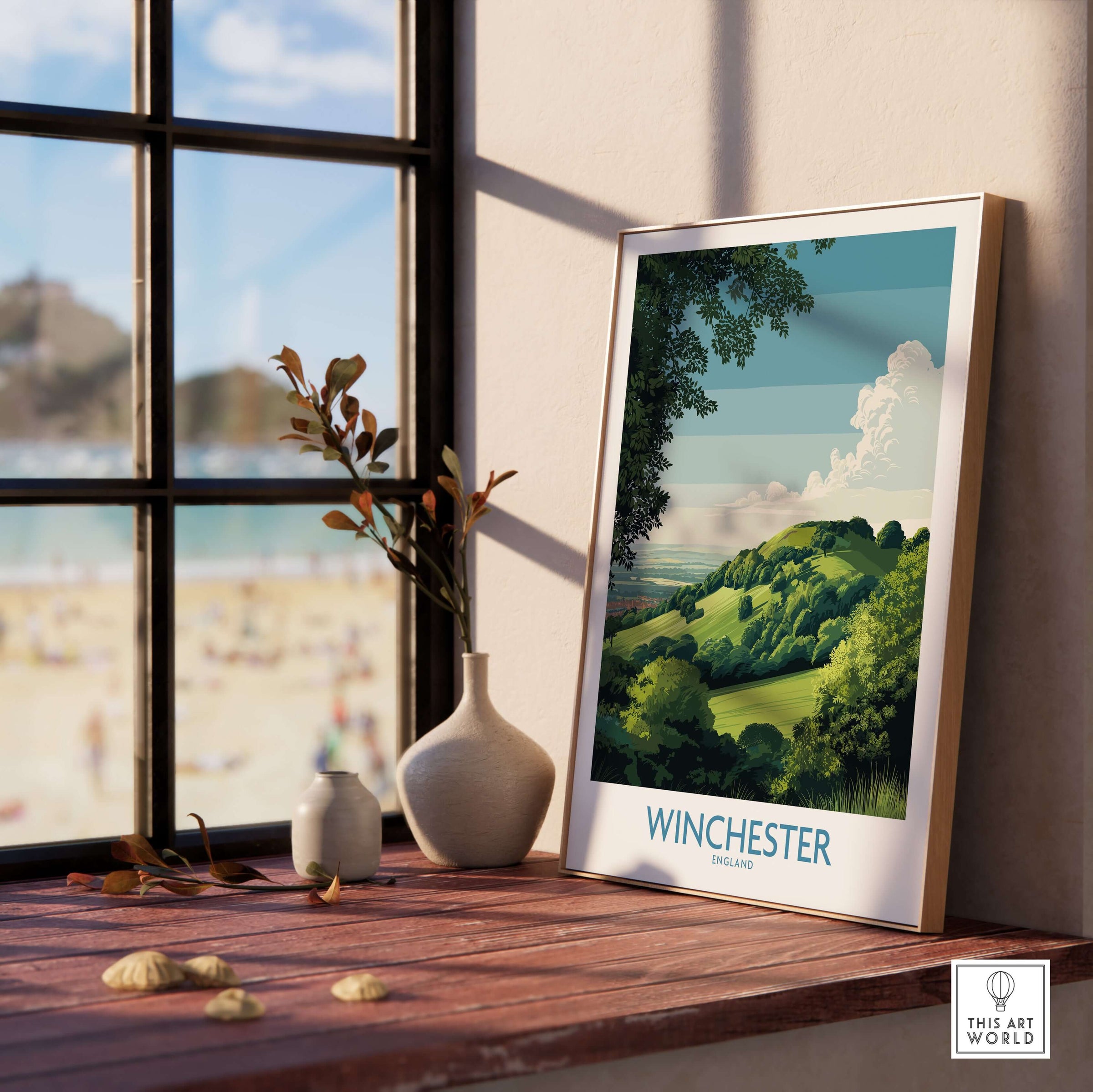 Winchester Travel Print - British Travel Destination Decor showcasing scenic countryside from Old Winchester Hill.