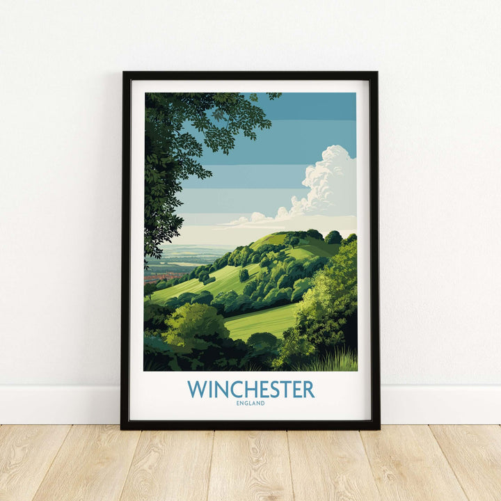 Winchester Travel Print featuring Old Winchester Hill, showcasing the scenic English countryside.