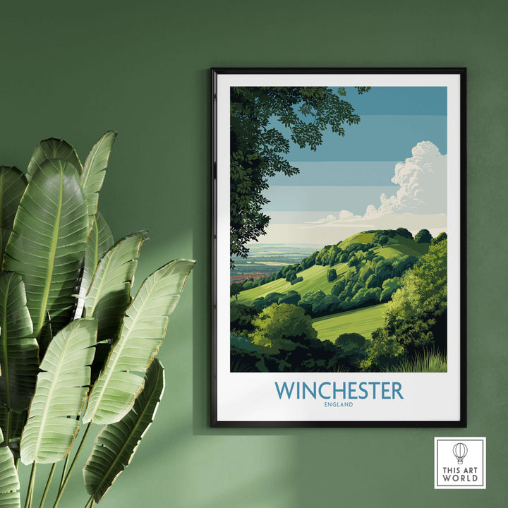 Winchester travel print showcasing Old Winchester Hill in vibrant greens, perfect for British decor enthusiasts.