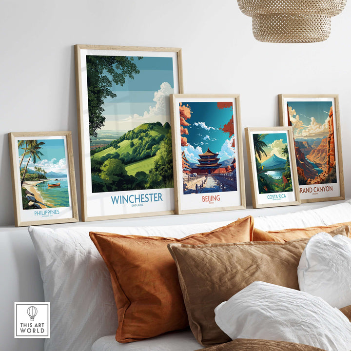 Art print display featuring Winchester, Beijing, Costa Rica, Philippines, and Grand Canyon decor.