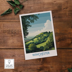 Winchester Travel Print - British Travel Destination Decor featuring Old Winchester Hill with rolling hills and trees.
