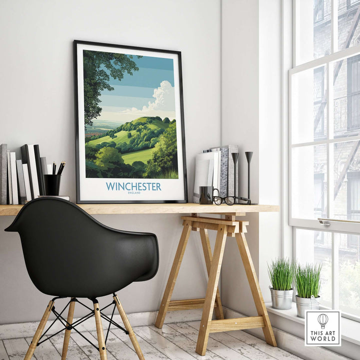 Winchester travel print decor featuring Old Winchester Hill in a stylish home office setting.
