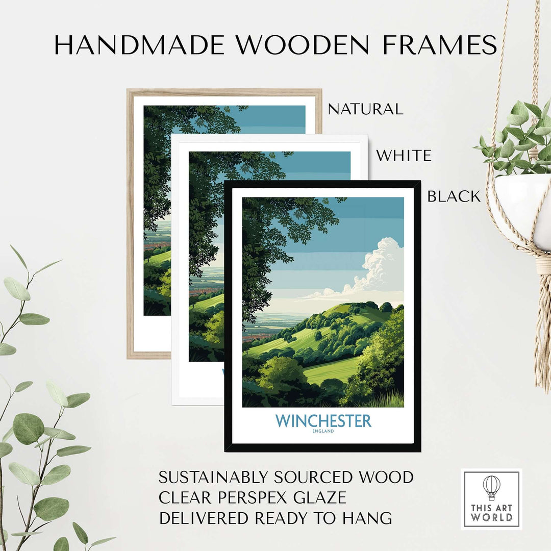 Three handmade wooden frames in natural, white, and black, showcasing a Winchester travel print.