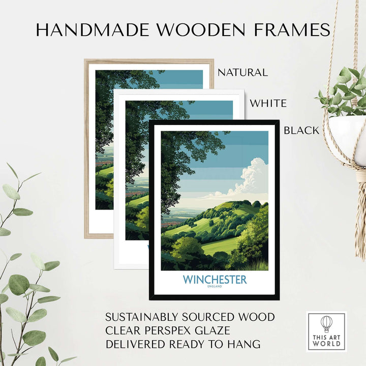 Three handmade wooden frames in natural, white, and black, showcasing a Winchester travel print.