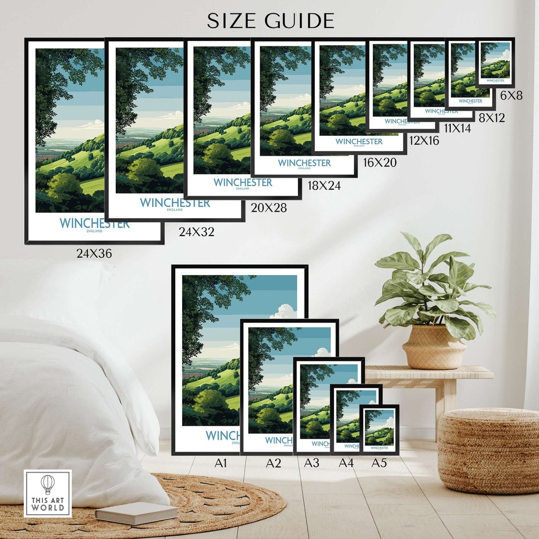 Size guide for Winchester Travel Print showcasing various frame sizes and scenic British landscape