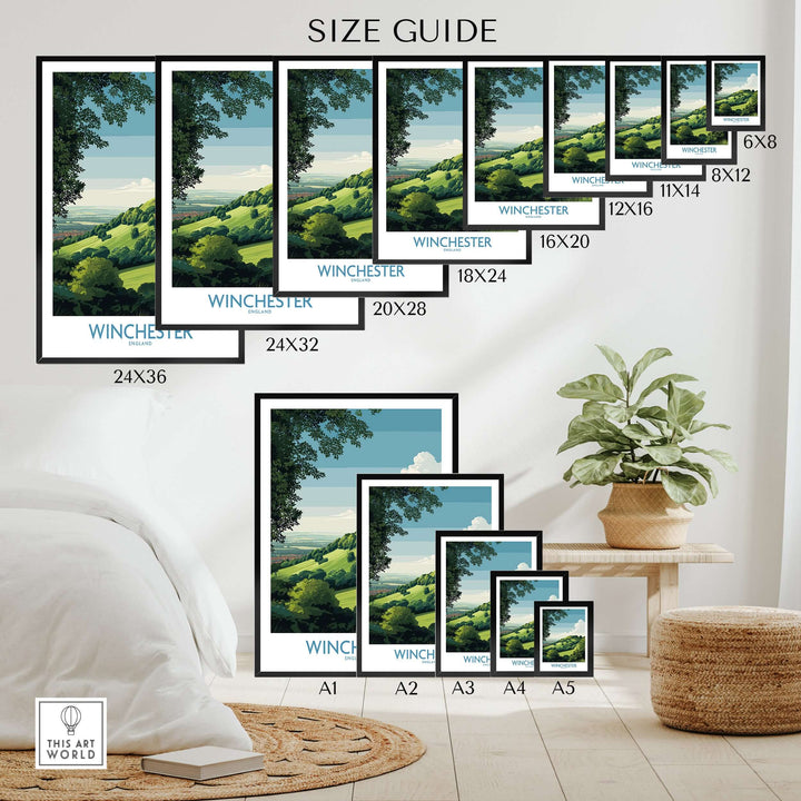 Size guide for Winchester Travel Print showcasing various frame sizes and scenic British landscape