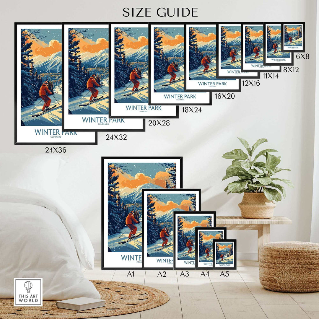 Winter Park Colorado ski poster size guide featuring various print sizes displayed on a wall with a colorful ski scenery