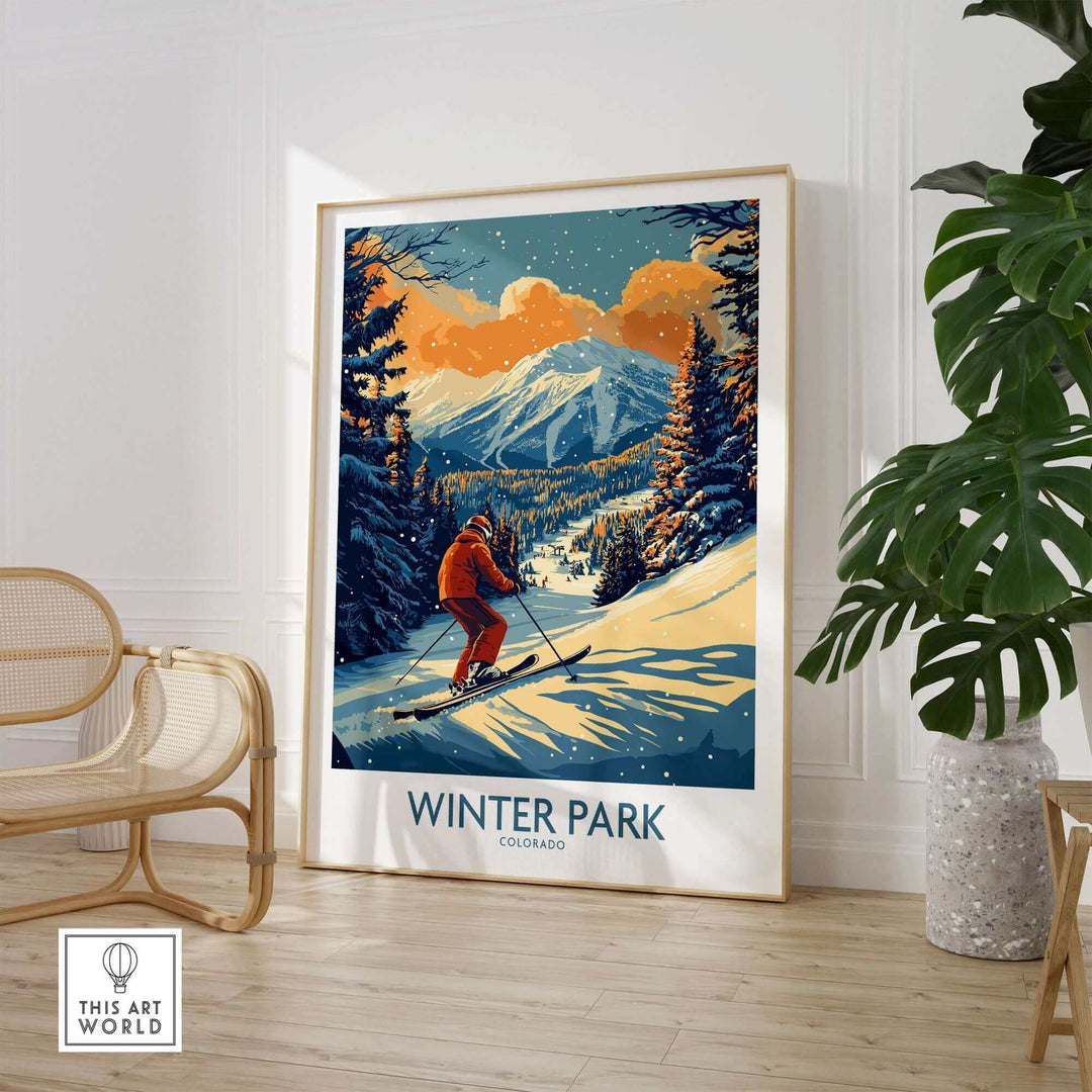 Winter Park Colorado Ski Poster featuring a skier descending snowy slopes, perfect for ski enthusiasts and winter decor.