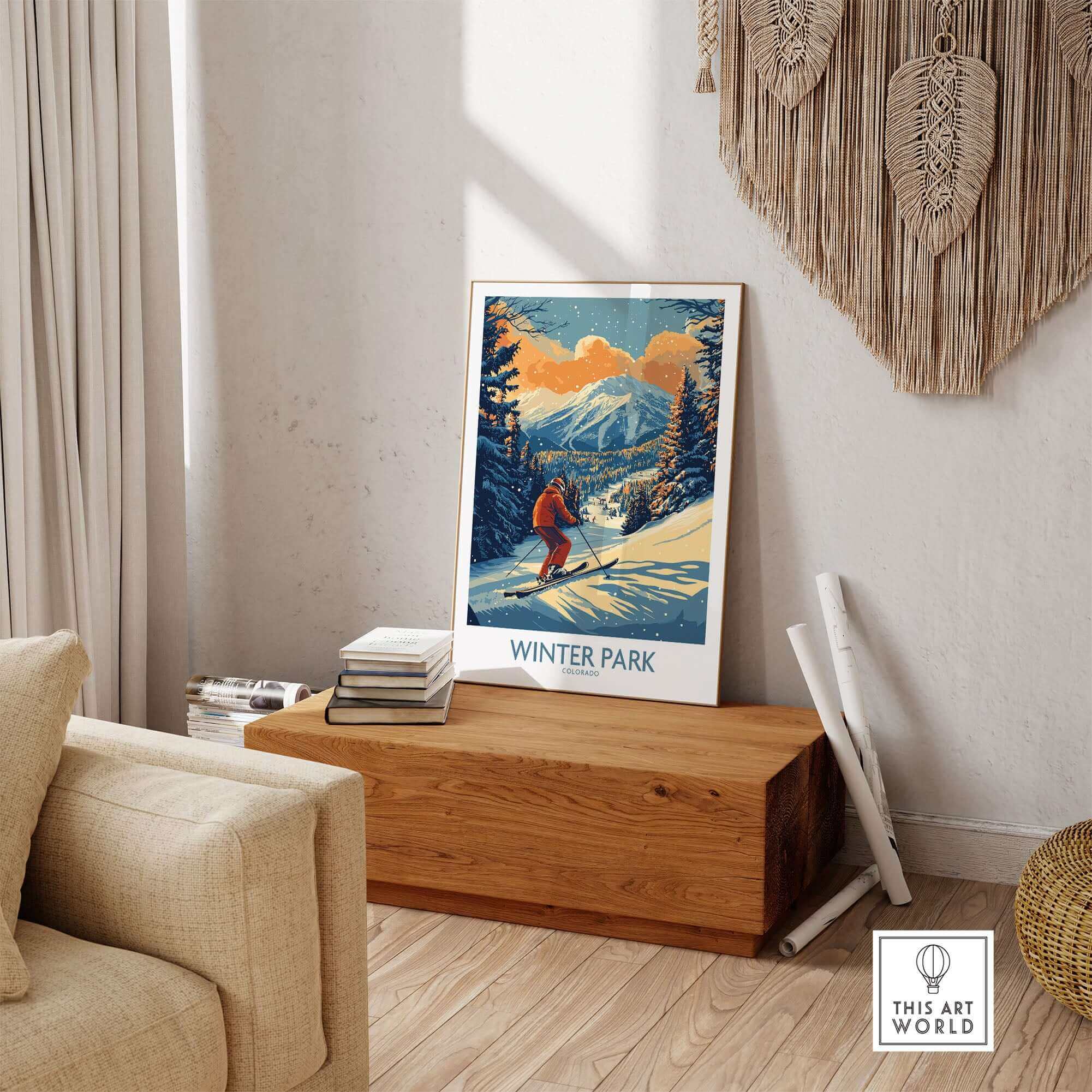 Ski Poster featuring Winter Park Colorado scene with vintage design, displayed in cozy room setting.