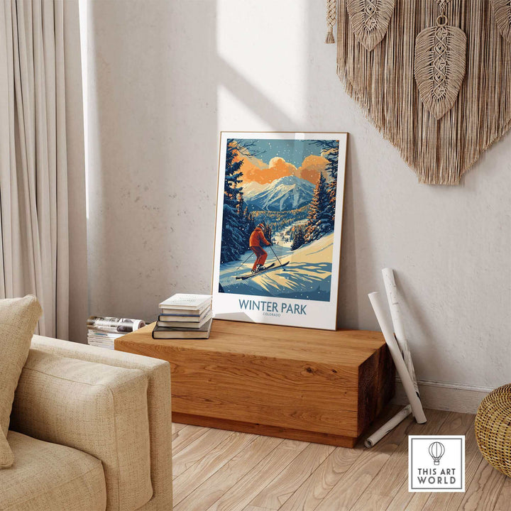 Ski Poster featuring Winter Park Colorado scene with vintage design, displayed in cozy room setting.