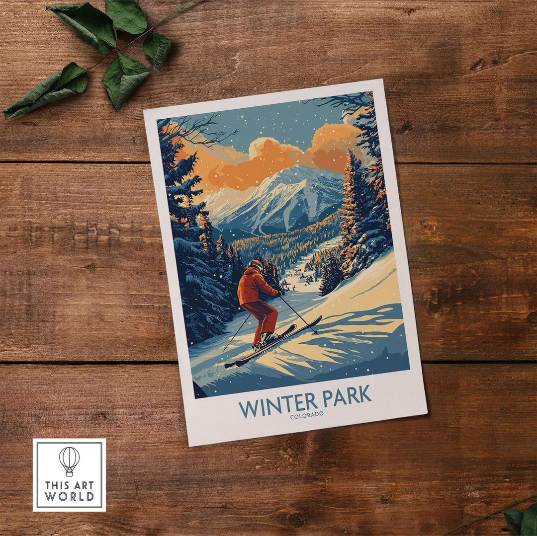 Ski Poster featuring Winter Park, Colorado with a skier on a snowy slope, surrounded by pine trees and mountains in the background.