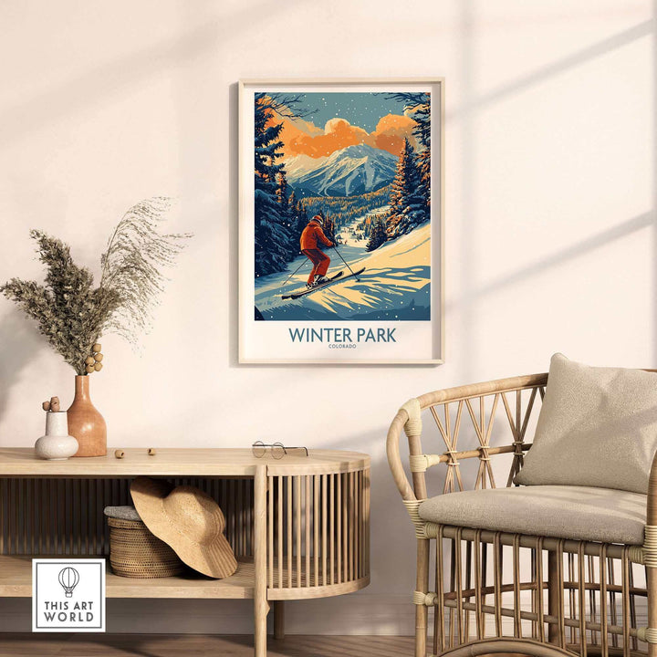 Cozy room with Winter Park Colorado ski poster, depicting a snowy mountain scene with skier, perfect ski art for home decor.