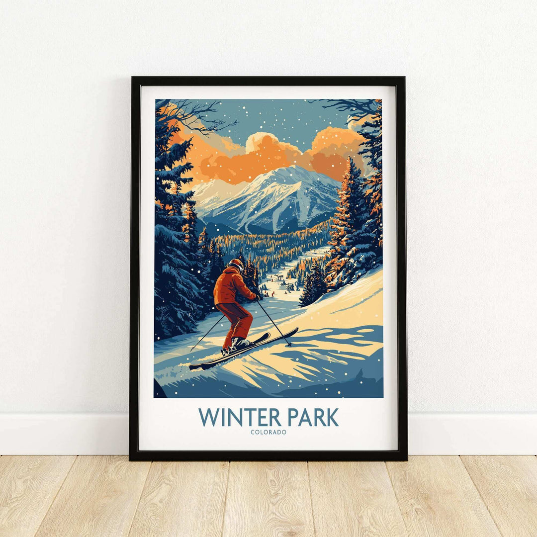 Winter Park Colorado ski poster with skier on snowy mountain, vintage style print.