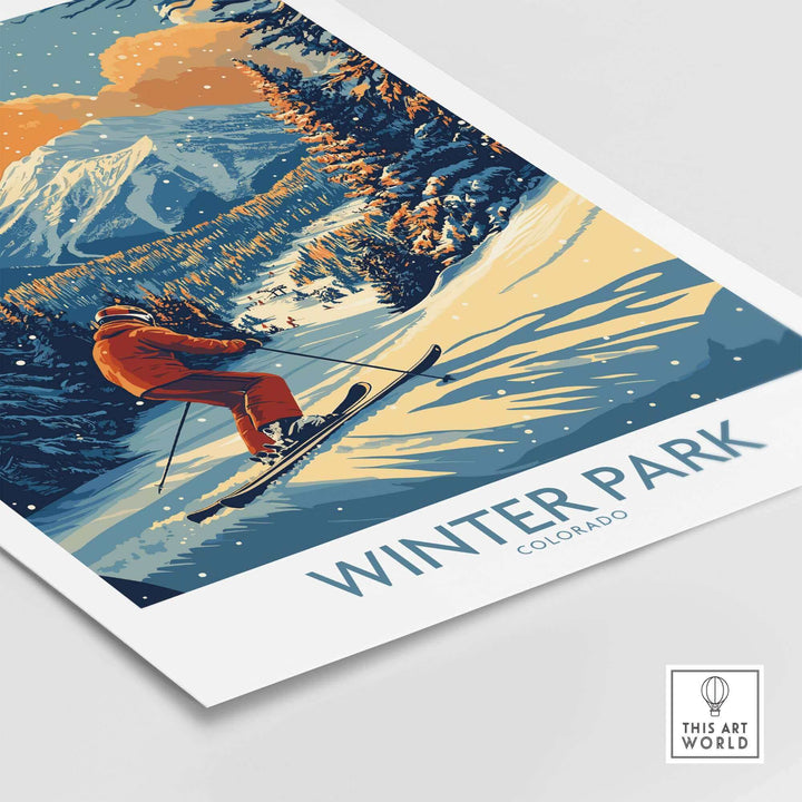 Winter Park Colorado ski poster featuring a skier on a snowy mountain with vibrant orange and blue tones. Ideal wall art for ski enthusiasts.