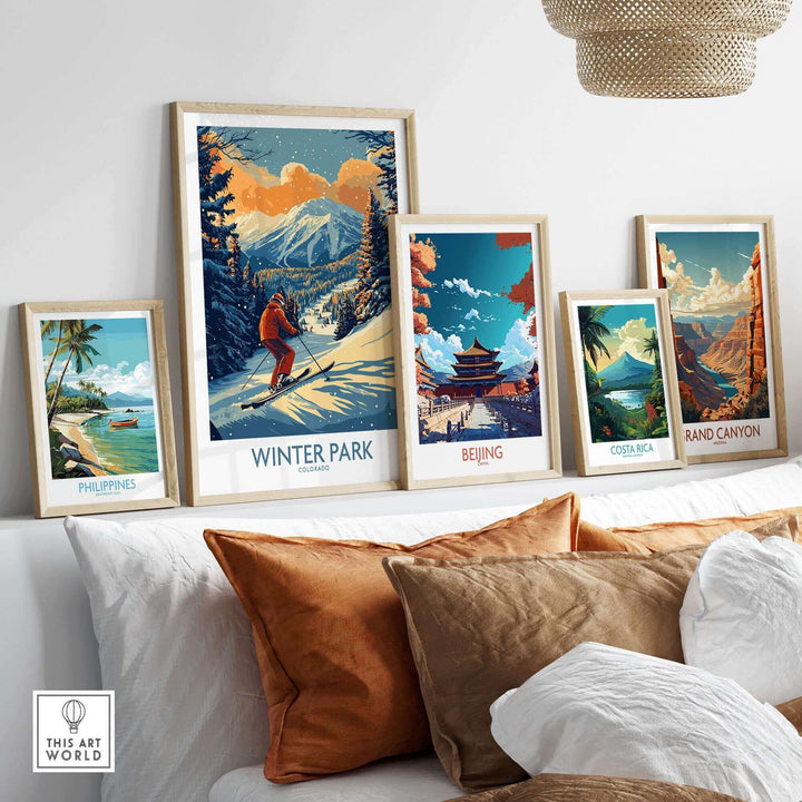 Winter Park Colorado ski poster with vibrant artwork displayed alongside travel prints on a stylish living room wall.