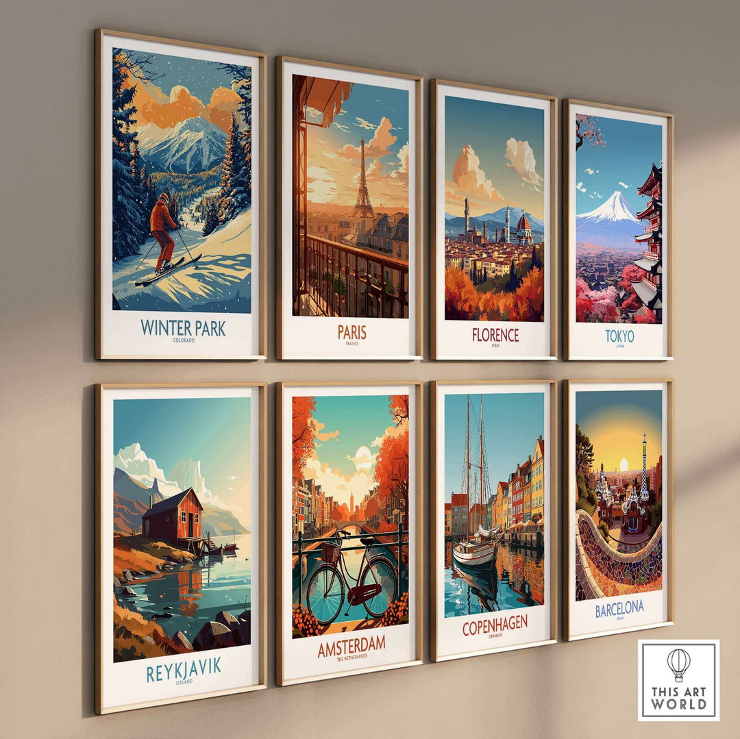 Collection of travel posters including Winter Park ski poster, Paris, Florence, Tokyo, Reykjavik, Amsterdam, Copenhagen, and Barcelona.