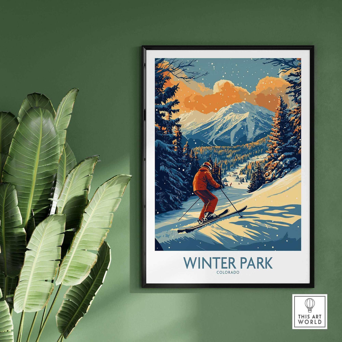 Winter Park Colorado ski poster featuring a skier on snow-covered slopes with mountain view, framed on a green wall.