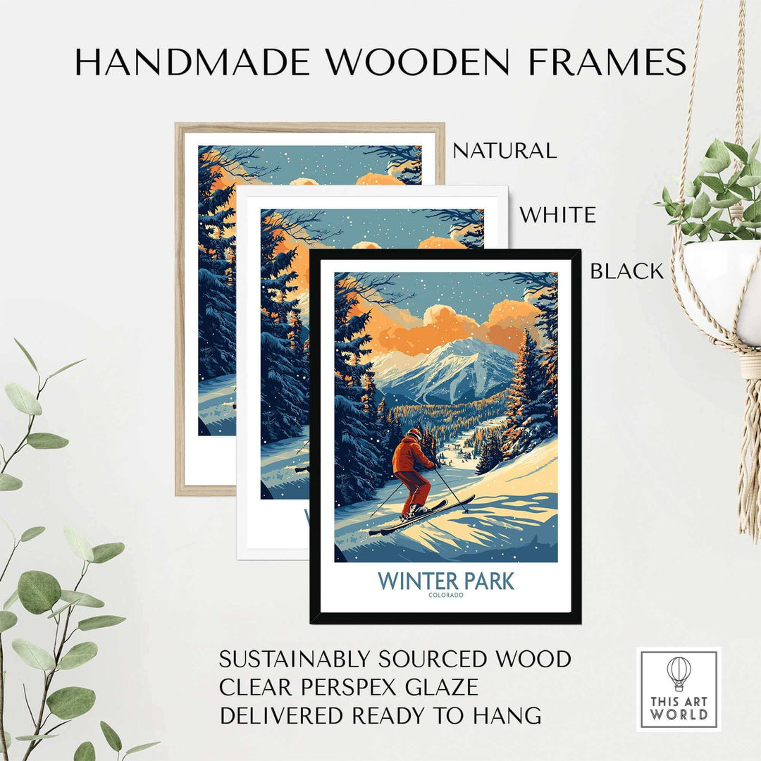 Winter Park Colorado Ski Poster in handmade wooden frames, available in natural, white, and black. Sustainable and ready to hang.