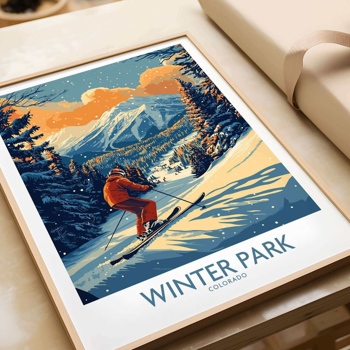 Winter Park Colorado ski poster print featuring a skier in a snowy mountain landscape, perfect for ski enthusiasts and decor.