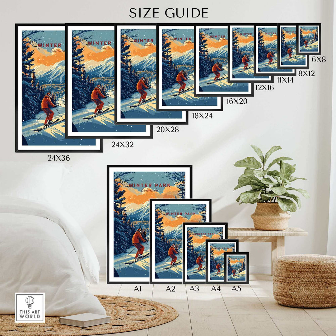 Winter Park Print Colorado Ski Poster size guide in various dimensions, featuring a scenic mountain and skier design.