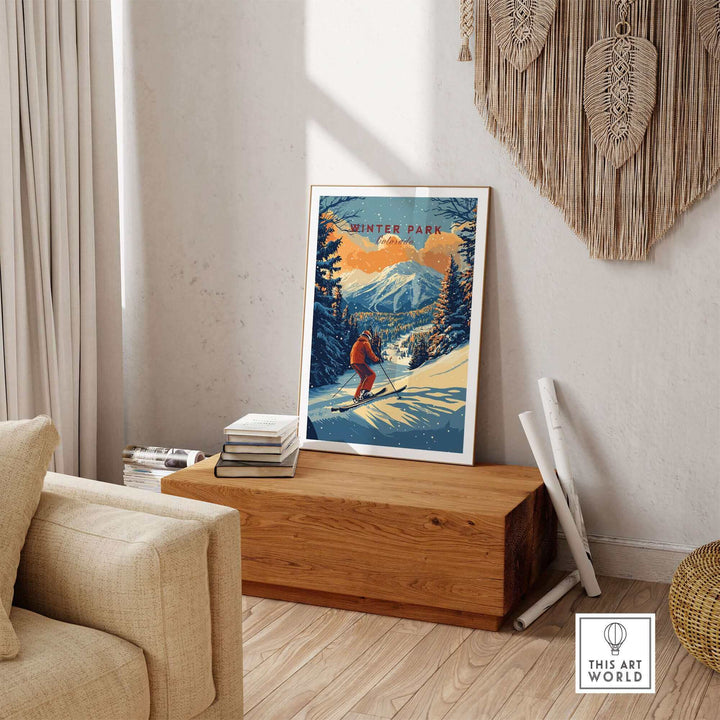 Winter Park ski poster in cozy living room setting, featuring snowy Colorado mountain scene with skier in action.