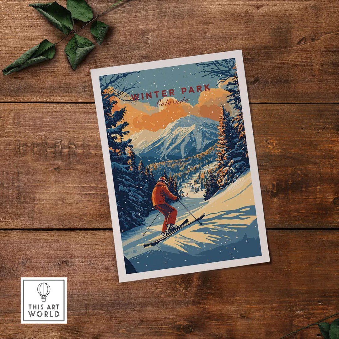 Vintage-style ski poster of Winter Park, Colorado, featuring a skier on a snowy slope with a mountain and pine trees in the background.