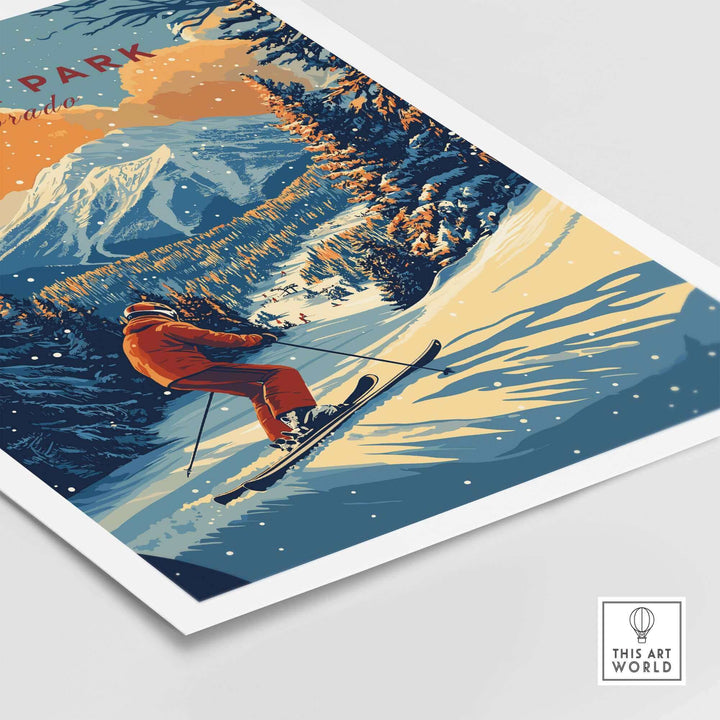 Vintage Winter Park Colorado ski poster featuring a skier on snowy slopes with mountain backdrop. Perfect for winter sports enthusiasts.