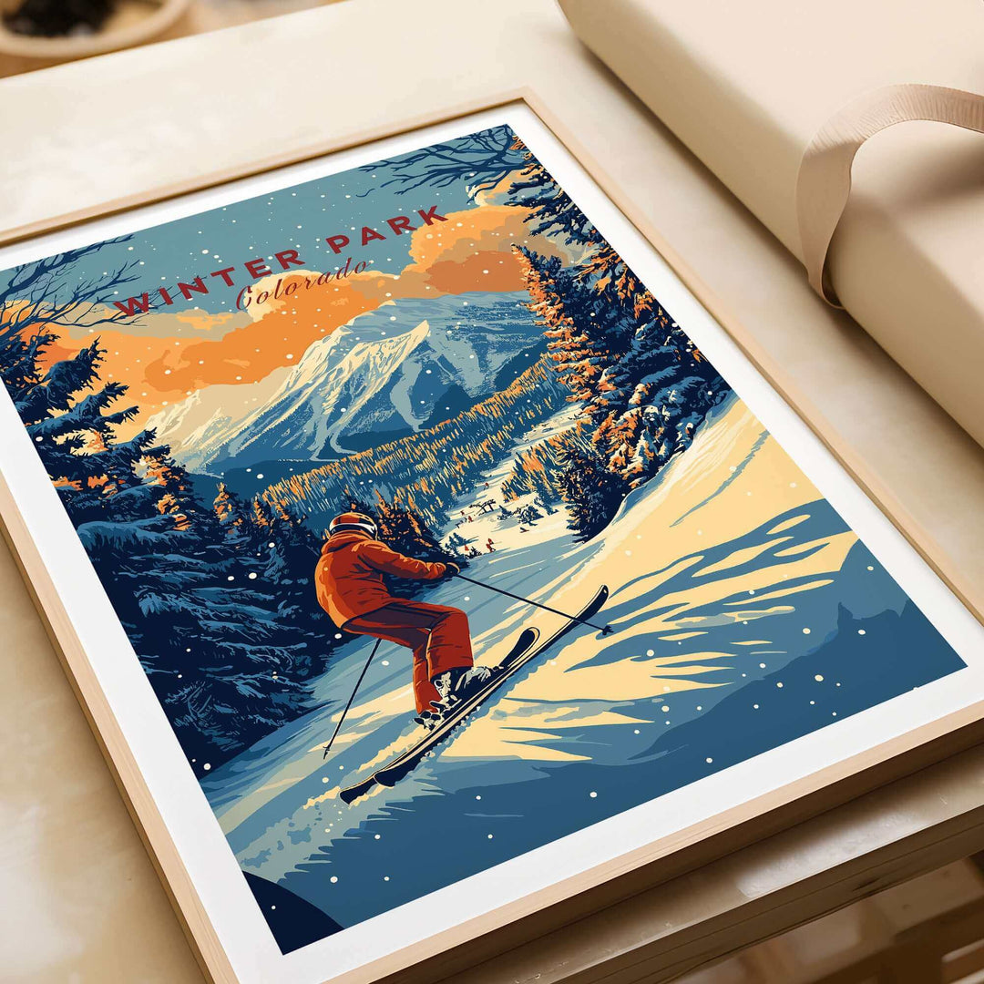 Winter Park Colorado ski poster with vintage art of skier on snowy mountain, ideal for home decor or winter sports enthusiasts.