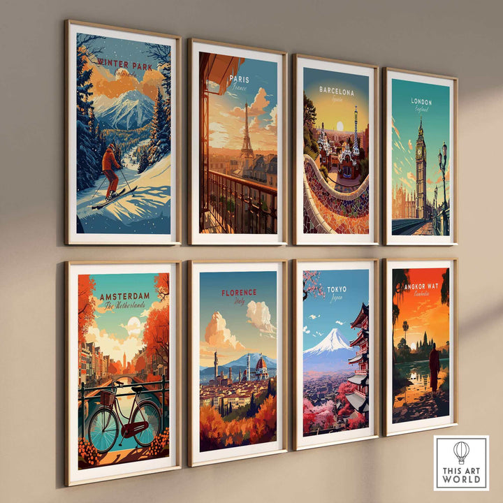 Wall displaying diverse city and ski posters, including Winter Park Ski Poster in Colorado, enhancing travel-themed decor.