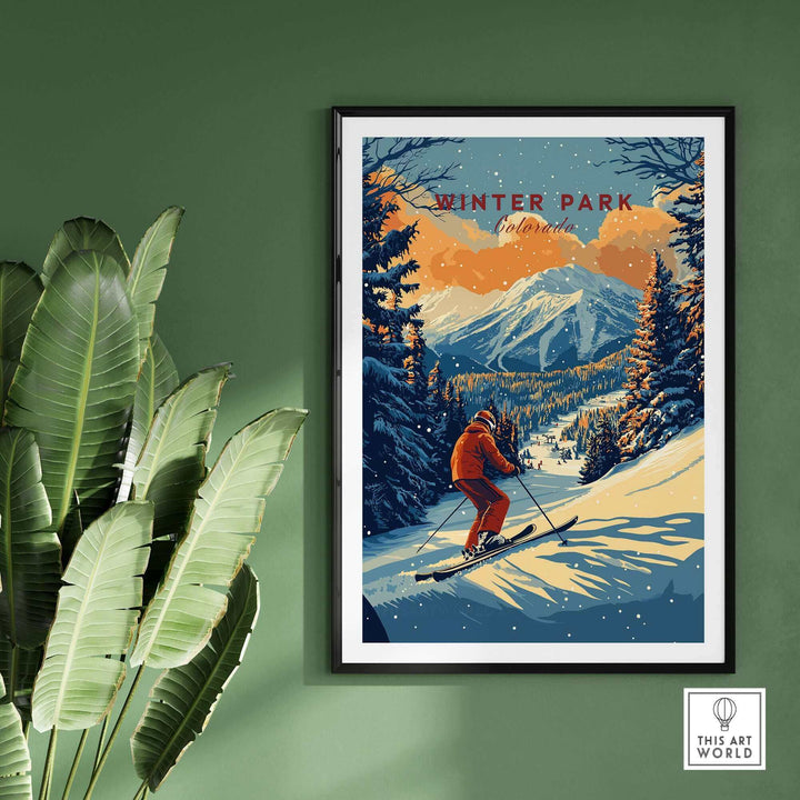 Vintage Winter Park Colorado ski poster with skier against mountain landscape, framed art print on green wall.