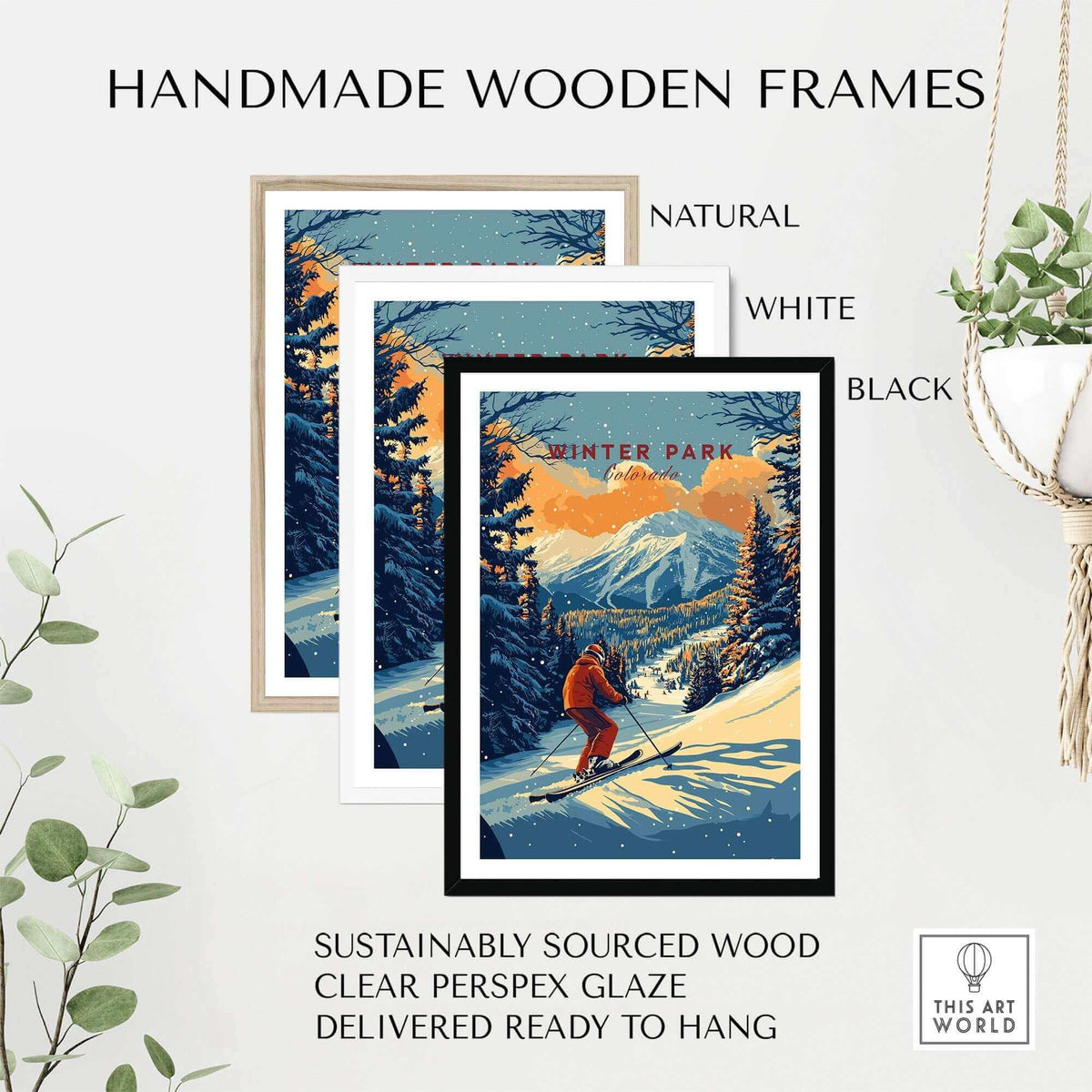 Ski poster of Winter Park, Colorado with handmade wooden frames in natural, white, and black. Perfect for winter sports enthusiasts.