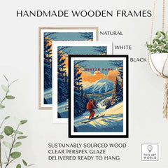 Ski poster of Winter Park, Colorado with handmade wooden frames in natural, white, and black. Perfect for winter sports enthusiasts.