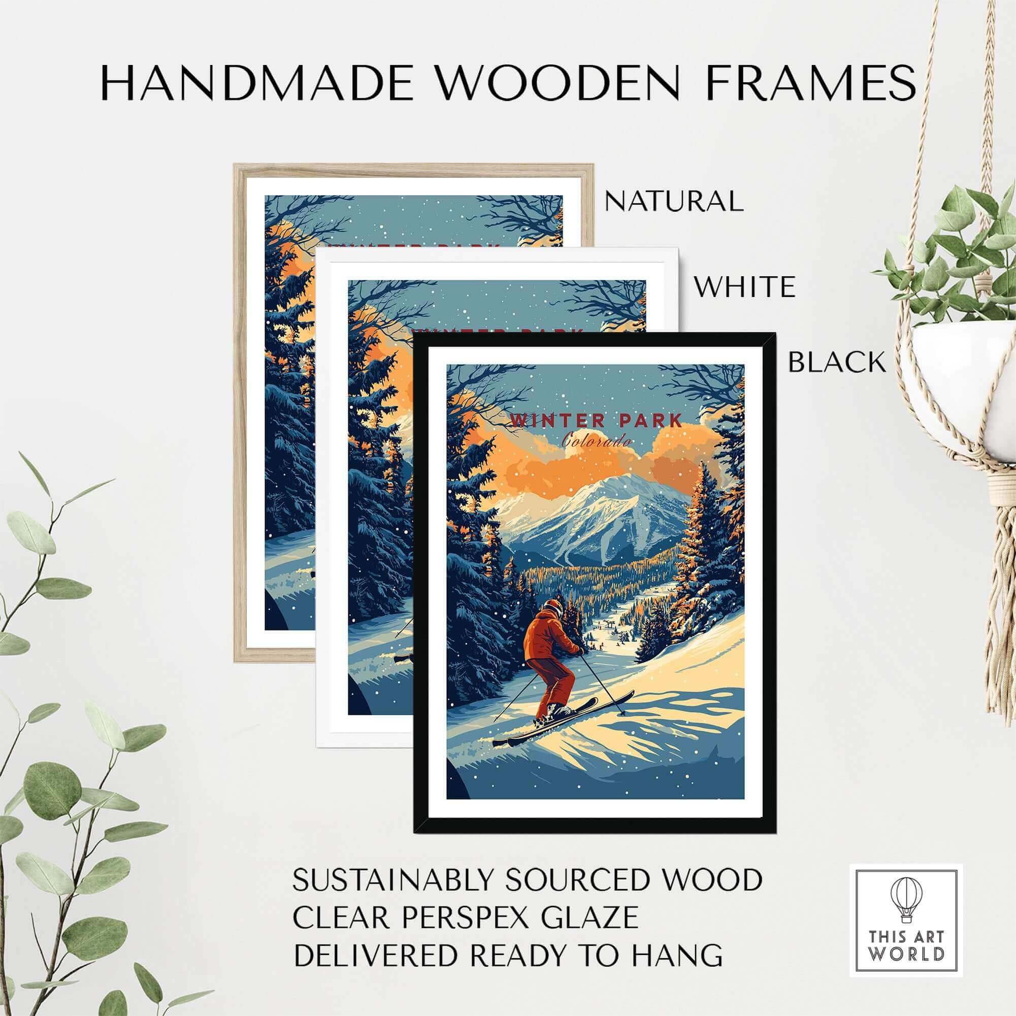 Ski poster of Winter Park, Colorado with handmade wooden frames in natural, white, and black. Perfect for winter sports enthusiasts.