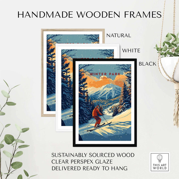 Ski poster of Winter Park, Colorado with handmade wooden frames in natural, white, and black. Perfect for winter sports enthusiasts.