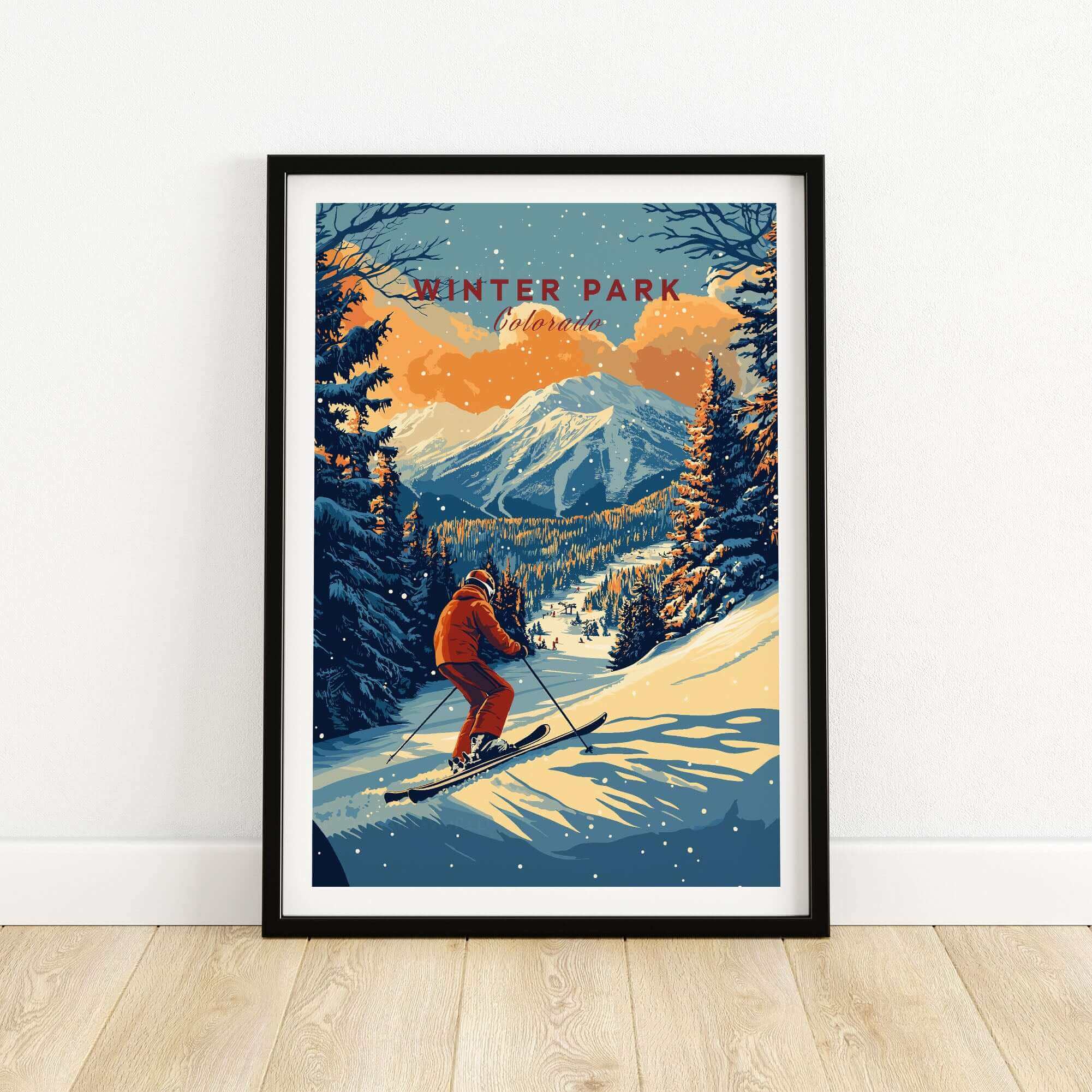 Vintage ski poster of Winter Park, Colorado featuring a skier descending a snowy mountain with trees and sunset backdrop.