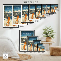 Winter Park Ski Poster in various sizes, featuring vintage ski design against Colorado mountain backdrop, size guide displayed.