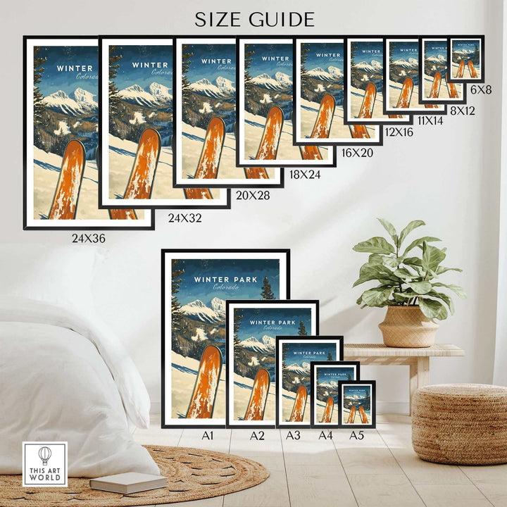 Winter Park Ski Poster in various sizes, featuring vintage ski design against Colorado mountain backdrop, size guide displayed.