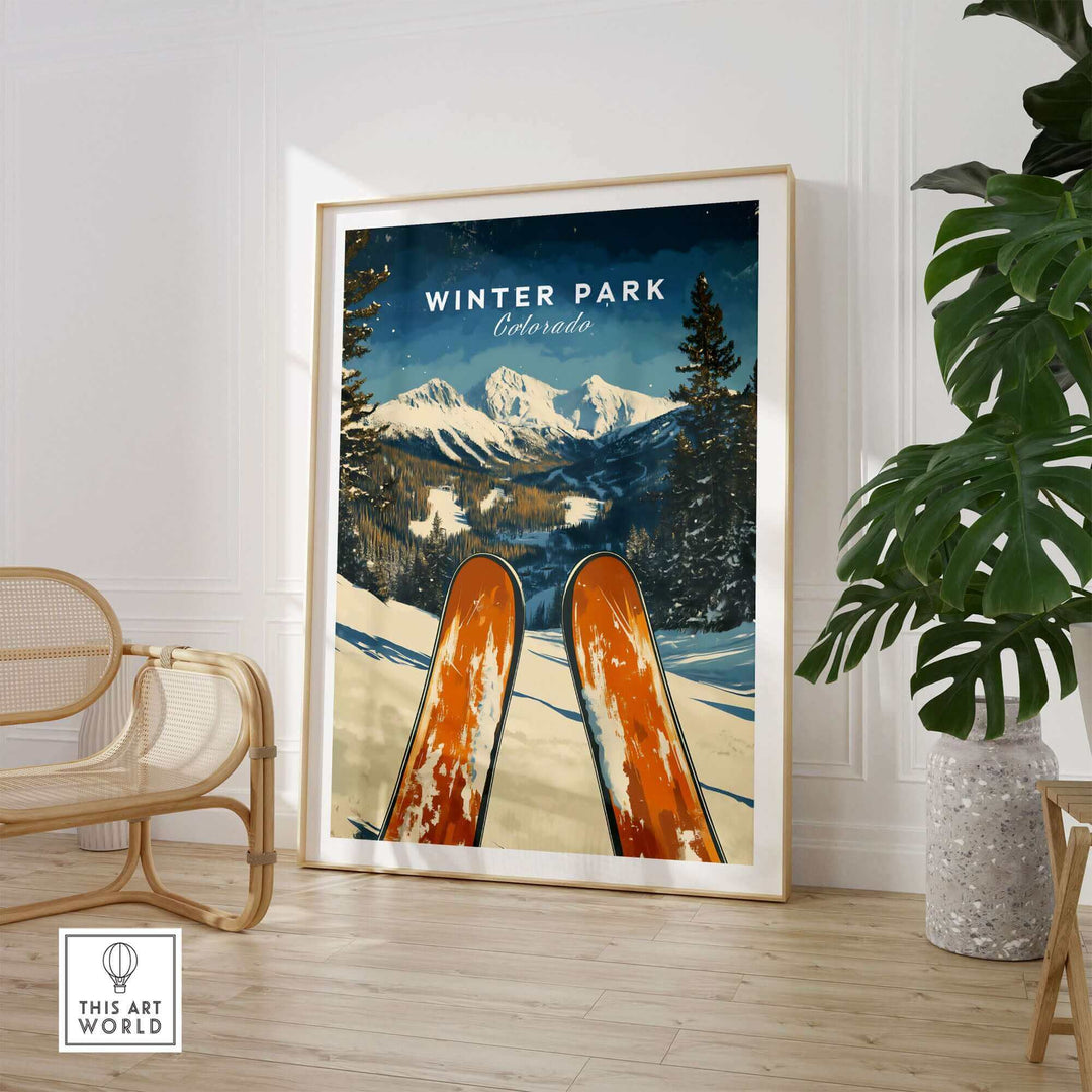 Vintage Winter Park Colorado ski poster featuring snowy mountains and bright orange skis, perfect for ski enthusiasts and decor.