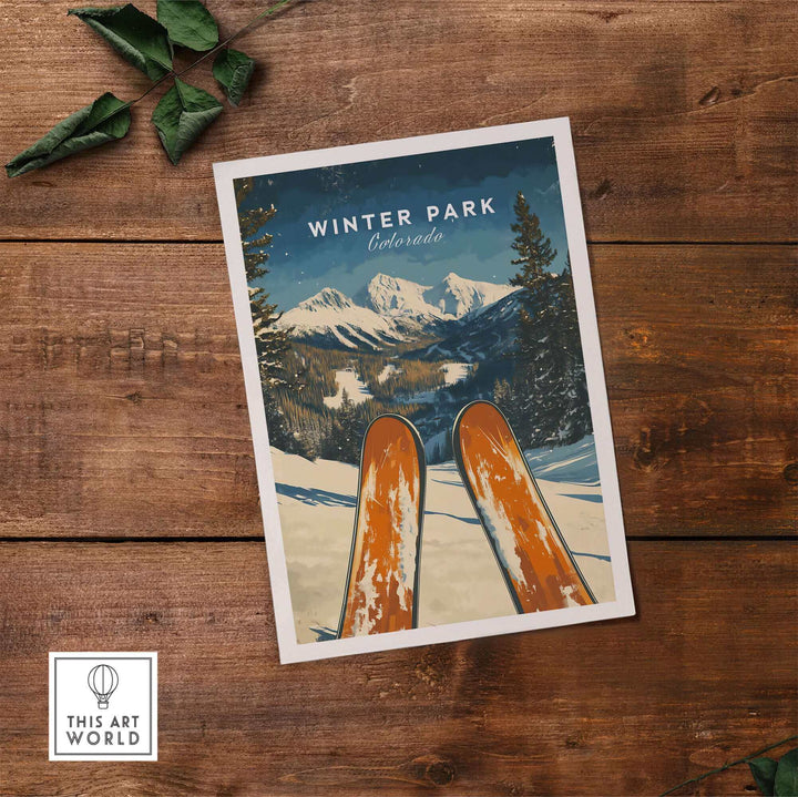 Vintage Winter Park Colorado Ski Poster with snowy mountains and skis on wooden background