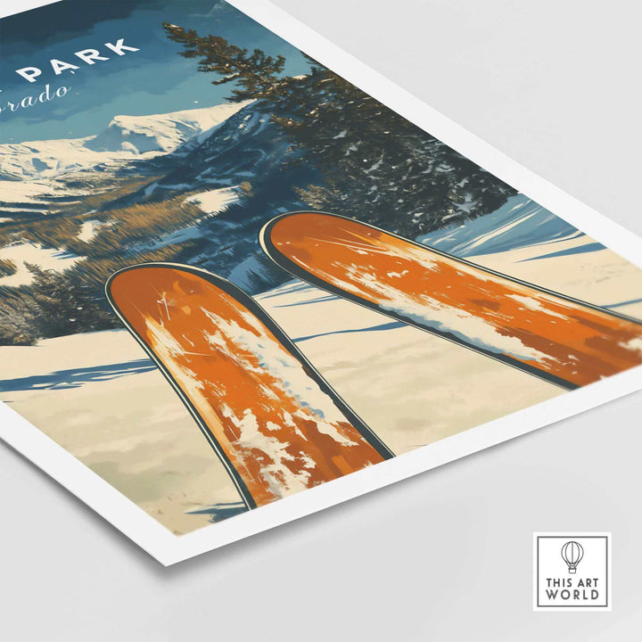 Vintage-style Winter Park Colorado ski poster featuring skis in the foreground and snow-covered mountains in the background.