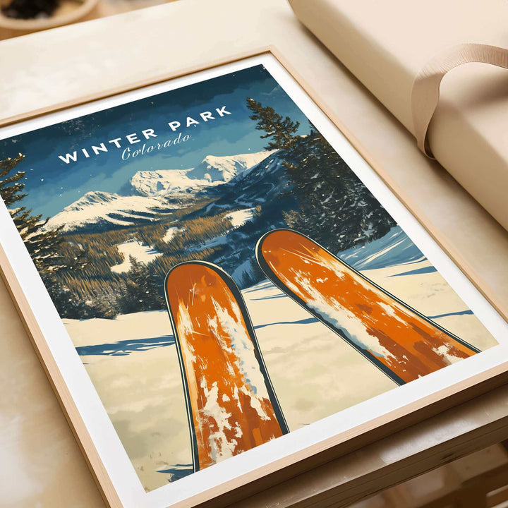 Winter Park Colorado ski poster featuring vintage-style skis and snow-covered mountains, ideal for ski enthusiasts.