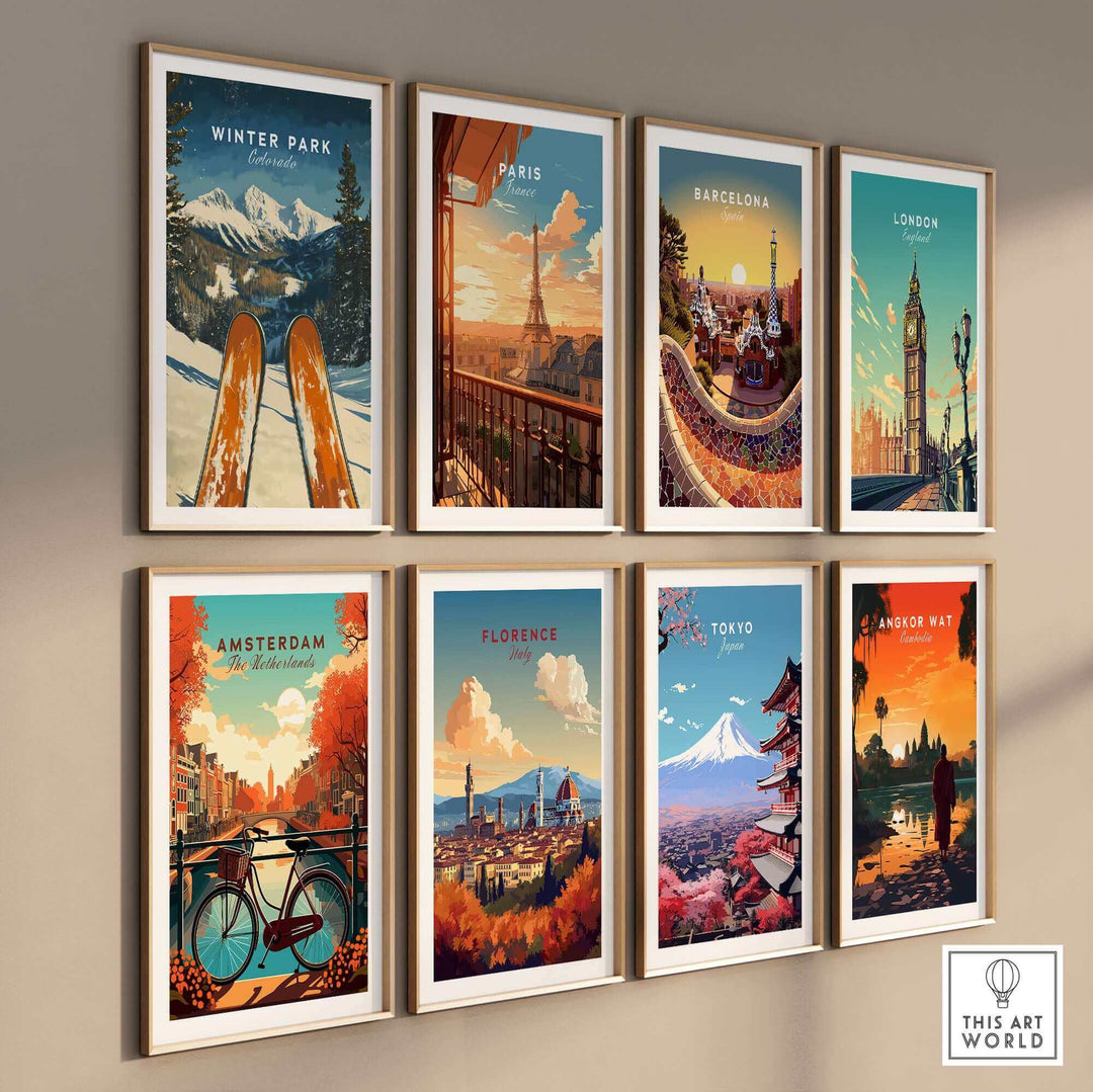 Collection of travel posters featuring Winter Park, Paris, Barcelona, London, Amsterdam, Florence, Tokyo, and Angkor Wat.