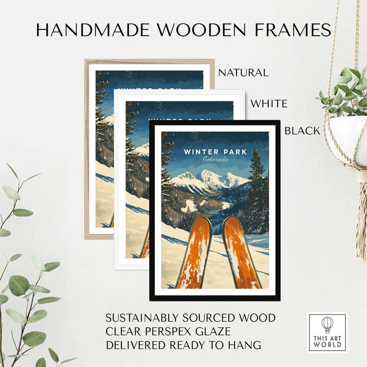 Handmade wooden frames featuring Winter Park Ski Poster in Colorado, available in natural, white, and black finishes.