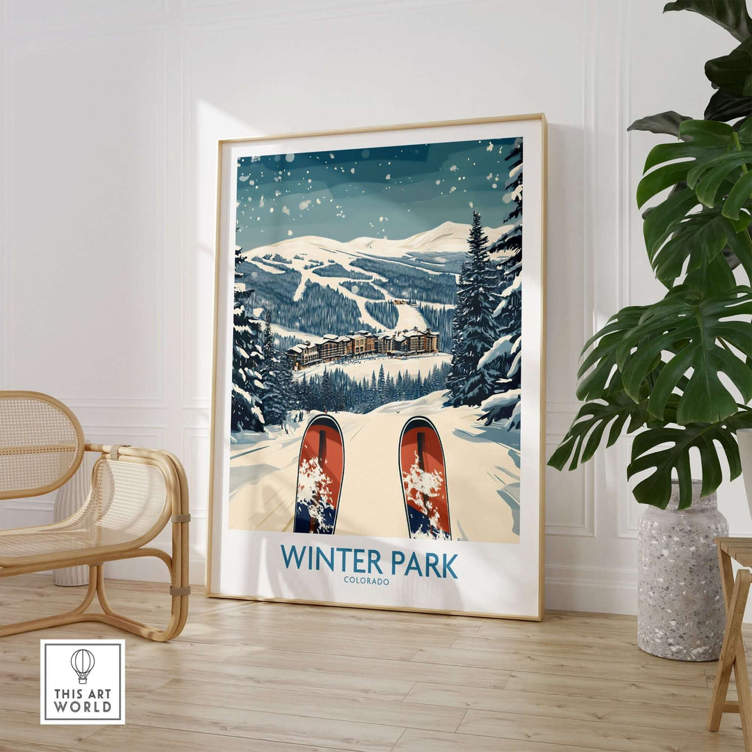 Winter Park Ski Print showcasing snowy slopes and scenic mountains of Colorado, perfect for ski wall art in home or office.