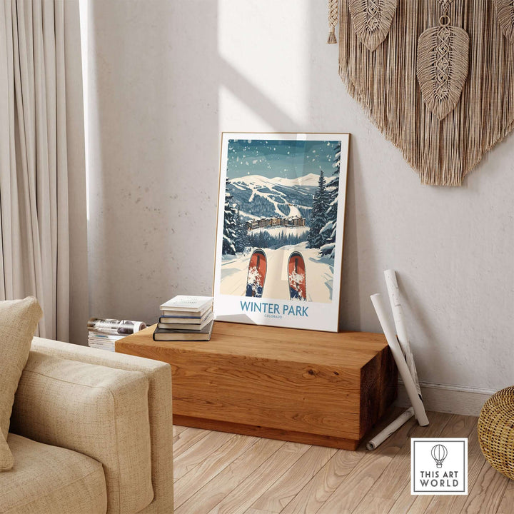 Winter Park Ski Print displayed in a cozy living room, capturing the beauty of Colorado's snowy slopes and ski culture.