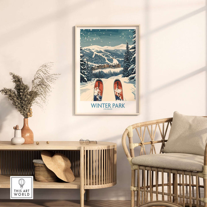 Winter Park ski print framed on a wall, showcasing snowy slopes and winter landscapes in Colorado. Perfect ski wall art.