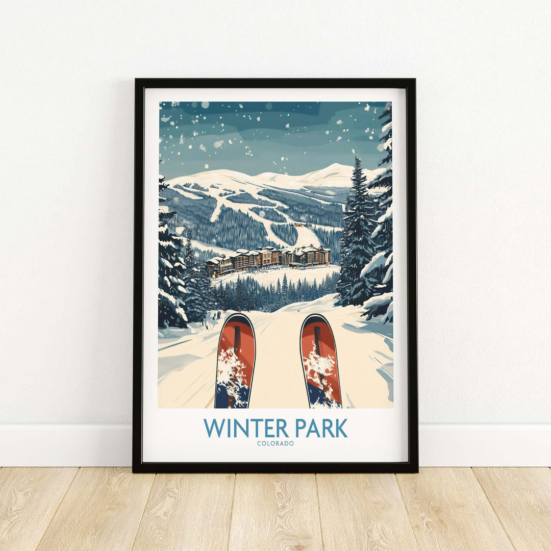 Winter Park Ski Print featuring snowy slopes and skis, capturing the winter wonderland of Colorado's Rocky Mountains.