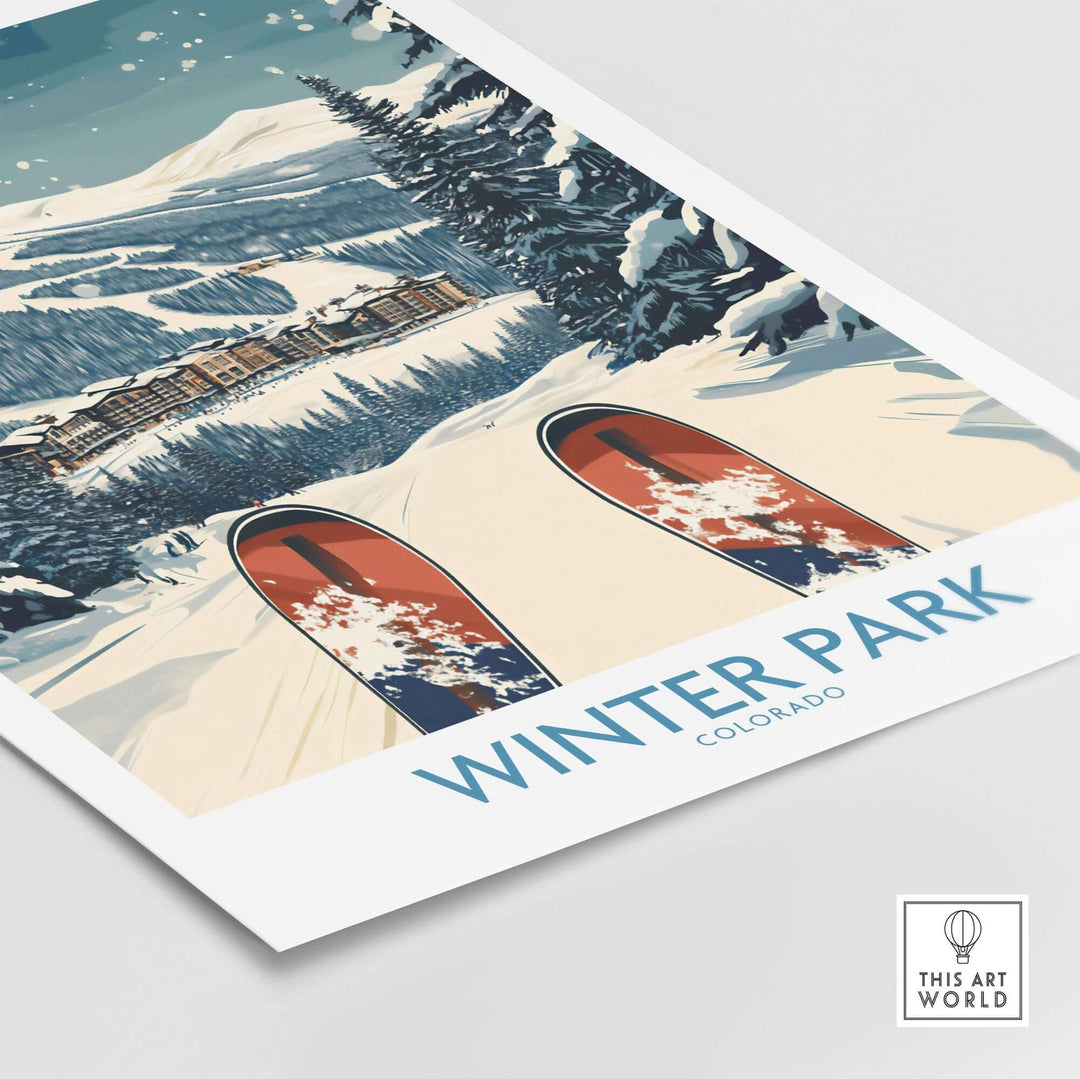 Winter Park Ski Print showcasing snowy slopes and vintage ski gear in Colorado's winter landscape, perfect for ski wall art.