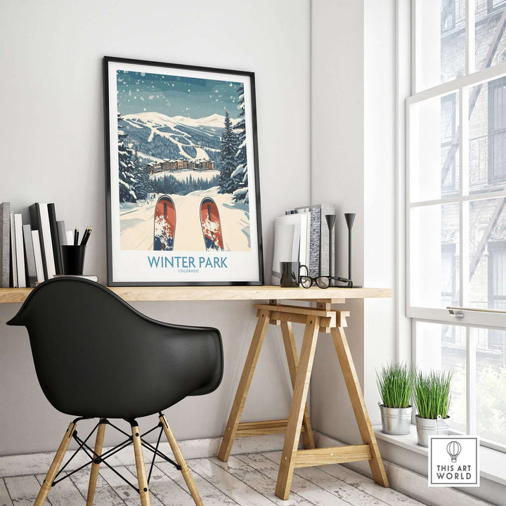 Winter Park Ski Print displayed in modern office, showcasing snowy Colorado slopes and skiing adventure inspiration.